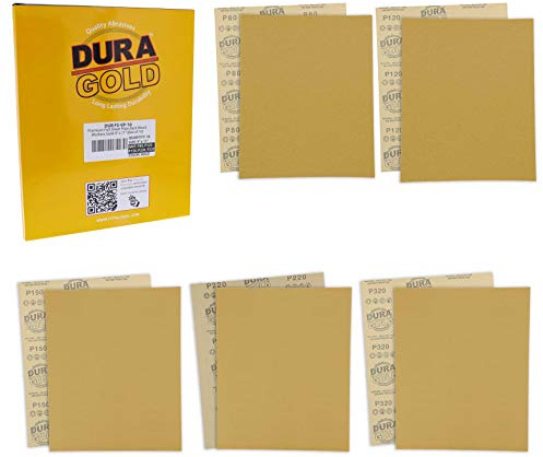 Dura-Gold 9 x 11 Gold Sandpaper Sheets, Grits 80, 120, 150, 220, 320 2 Ea