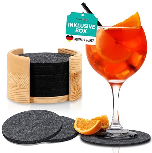 wortek Filzuntersetzer rund - 10er Set Untersetzer Gläser inkl. Box - Design Glasuntersetzer Filz in dunkelgrau für Getränke, Bar, Tassen, Glas-Tischuntersetzer rund I Filz Untersetzer für Gläser