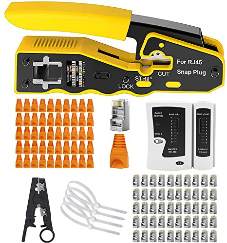 MAYLINE RJ45 Crimp Tool Kit CAT5 CAT6 Ethernet Crimping Tool with 50pcs Pass Through Ethernet LAN Connectors, Punch Down Crimp Cable Tester Crimper Tool Network Wire Stripper (Yellow)