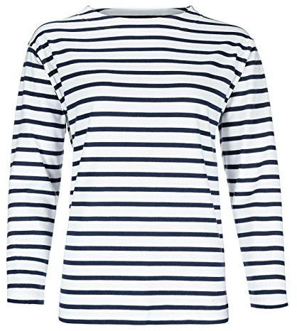 modAS Damen Shirt Bretonisches Damenshirt mit U-Boot Ausschnitt - Ringelshirt Streifenshirt Langarmshirt mit Streifen aus Baumwolle in Weiß/Blau in Größe 40