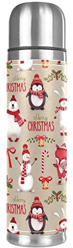 Thermosflasche mit Aufschrift Merry Christmas, Weihnachtsmann, Schneemann, Eisbär, Hirsch, Fuchs, vakuumisoliert, kompakt, Edelstahl, Kaffee-/Reisebecher, 500 ml
