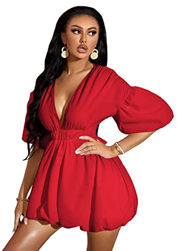 WDIRARA Women's Deep V Neck Puff Sleeve High Rise Flare Dress Elastic Waist Dress Red Medium