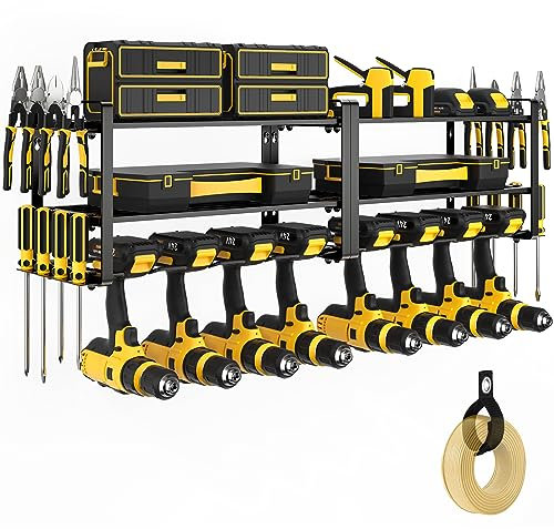 POKIPO 2 Pack Power Tool Organizer Wall Mount,3 Layer Tool Storage with 8 Drill Holder,Heavy Duty Metal Utility Rack Loads 130lb for Garage Workbench