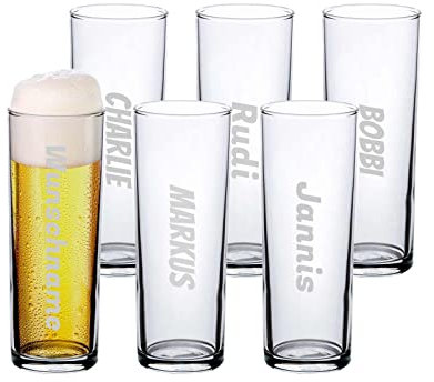 LUXENTU Bierglas mit Gravur, Kölsch-Glas/Kölner Stange mit 0,2 Liter Eichung, Persönliche Lasergravur mit Name, Personalisiertes Geschenk, Spülmaschinenfest, 6 Stück