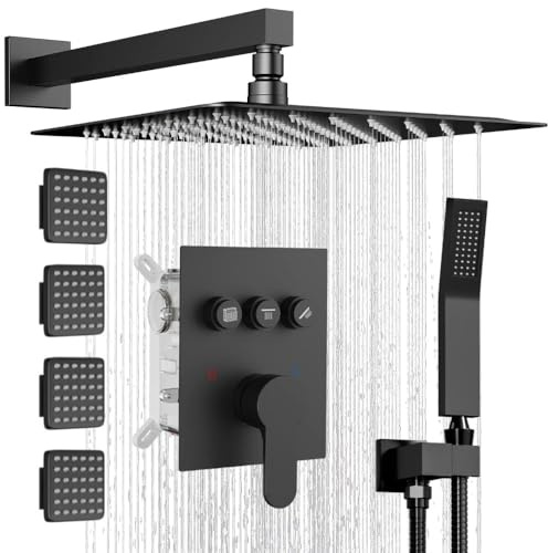 Shower System with Body Jets,Bostingner 3 Way Shower Faucet Set 12 Rain Shower Head with Handheld Spray, Can Use at Same Time,Push Button Diverter Shower Head Set Complete, Matte Black
