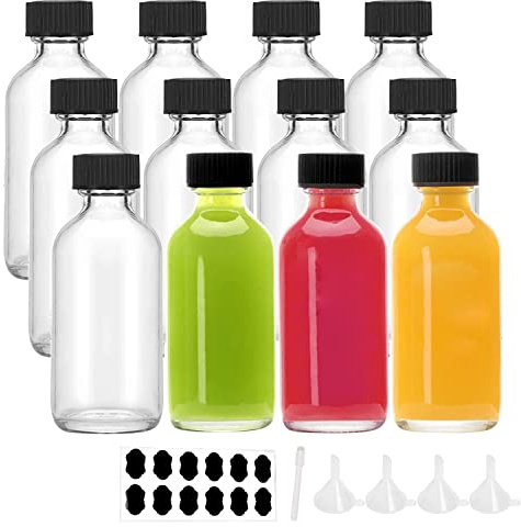 YBCPACK Lot de 12 bouteilles à shot en verre avec couvercles de 60 ml, petites bouteilles de gingembre rechargeables avec 4 mini entonnoirs, 12 étiquettes à craie et 1 stylo, jus, huile essentielle