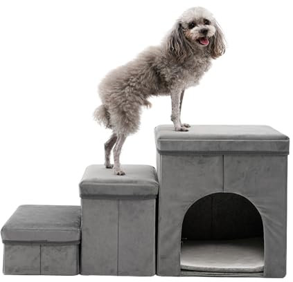 3 Stufen hundetreppe für kleine Hunde hundetreppe mit stauraum für Bett Sofa 40cm hoch katzentreppe für alte Katzen Schwamm haustiertreppe grau blau