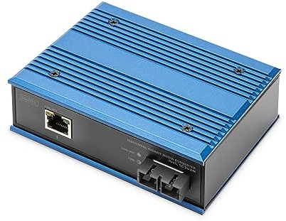 DIGITUS industrieller Medien Konverter – RJ45 zu SC-Duplex – Singlemode | 1 Gbit/s – 1310nm Wellenlänge – 20 km Reichweite – Hutschienenmontage – Kupfer zu Glasfaser – schwarz/blau