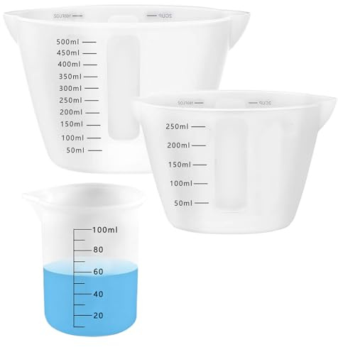Set di 3 misurini in silicone, 500 ml/250 ml/100 ml, in resina epossidica, trasparente, con scala, set di tazze in silicone