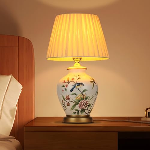 HvKvHvY Table Lamp Retro Ceramic, Living Room Bedside Lamp Vintage Bedroom Warm Fabric Reading Book Light Desk Lamp Modern Style E27 Night Lamp