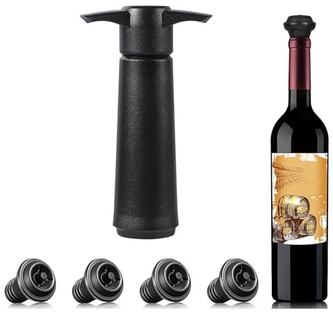 Marstey Wine Saver with 4 Pcs Vacuum Wine Stopper, Black Reusable Wine Vacuum Pump and Wine Bottle Sealer Vacuum to Keep Wine Fresh, Wine Pump + 4 Wine Stoppers for Wine Lovers