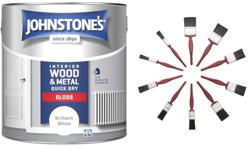 Johnstone's - Quick Dry Gloss - Brilliant White - Gloss Finish - Water Based - Interior Wood & Metal & Fit For The Job 10 pc Mixed Sizes Paint Brush Set for a Smooth Finish with Emulsion, Gloss