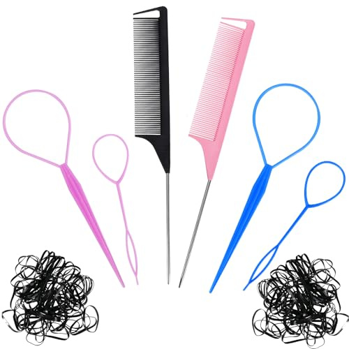 Acooruiteng Frisurenhilfe Haare Haarschlaufe zum Durchziehen Hair Schwanz Twister Topsy Tail Haar Styling Zubehör Hochsteckfrisuren Zubehör Haarflechtwerkzeug Bringen 100 Kleine Haargummis und 2 Kamm