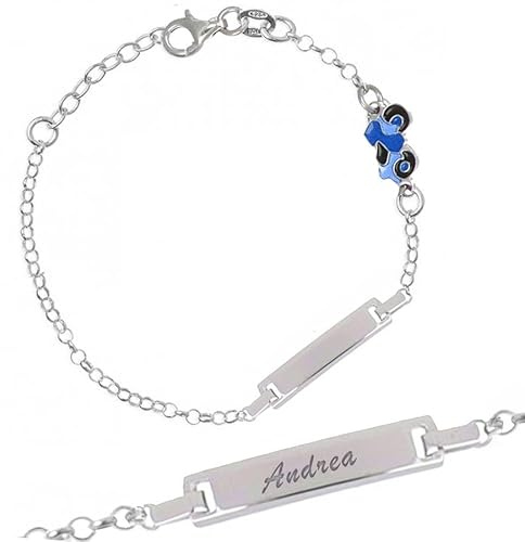 Sakrami Bracelet enfant en argent 925 + plaque de personnalisation + Moto émaillée + bracelet collection enfants + cadeau de naissance, baptême, communion + boîte cadeau (bleu)