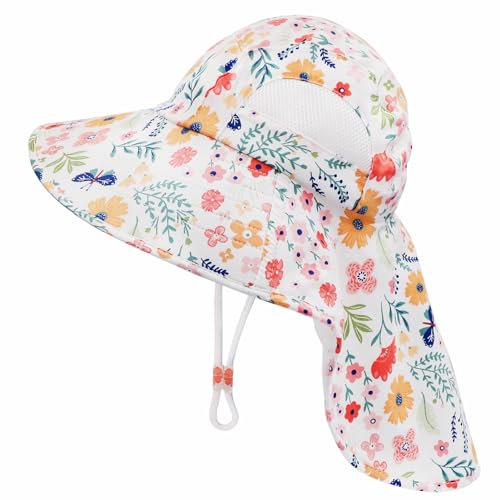 FenFang Sonnenhut Baby mit Nackenschutz, Fischerhut Kinder Jungen Mädchen, Breite Krempe Sonnenmütze Strandhut Sommerhut Verstellbare Kappe (DE/NL/SE/PL, Alter, 3 Jahre, 8 Jahre, Rosa Blume)
