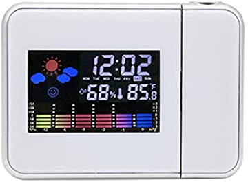 YIHANSS Creative Color LCD Digital Projection Alarm Clock Temperature Hygrometer Desk LED Time Projector Calendar Weather Station (Color : White)