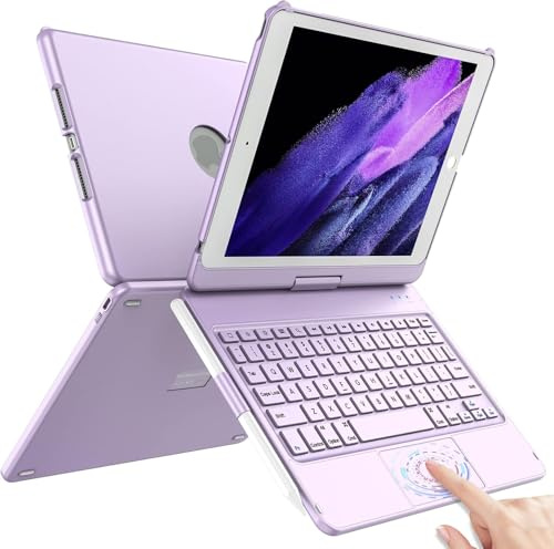 TQQ Clavier pour iPad (7e, 8e et 9e Générations) avec Pavé Tactile de Précision, Clavier Rétroéclairé 10 Couleurs de Type Ordinateur Portable, Rotatif à 360°, Clavier Français AZERTY