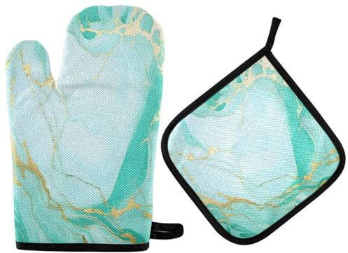 Set di guanti da forno e presine, guanti da forno da cucina in marmo verde e oro, resistenti al calore fino a 500 °C, guanti da forno spessi in cotone trapuntato, presine, tappetini antiscivolo per