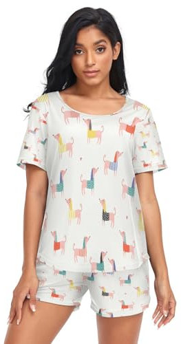 Damen Schlafanzug-Set Bunt Dachshunds Hund Sommer Pyjama Woman Set,Hündchen Hunds Loungewear und Shorts Lounge Set Sleepwear Nachtwäsche