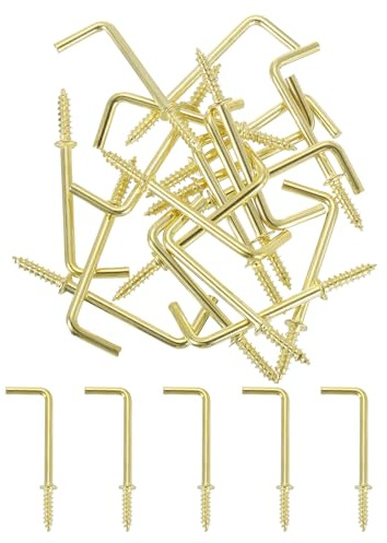 QUARKZMAN 40 Stück L-Form Schraubhaken Hakenschrauben, 18×55mm L-Förmige Kleine Schraubhaken Haken zum Schrauben Rechtwinklige Haken aus Kohlenstoffstahl Hakennägel Haken, Gold