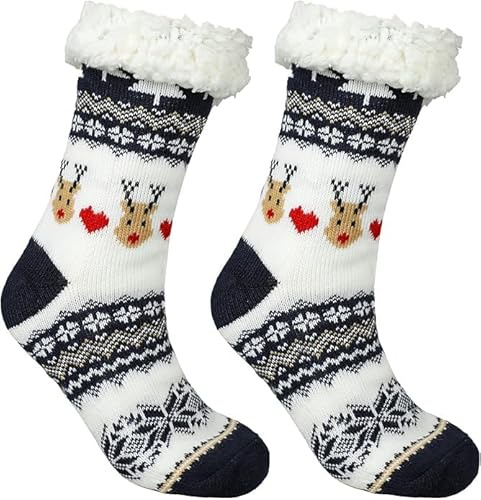 SULOLI Chaussons d’Hiver Laine Chaussettes Hommes et Femmes Chaud Tricot Pompon Décoration Noël Épais à la Maison (Bleu)