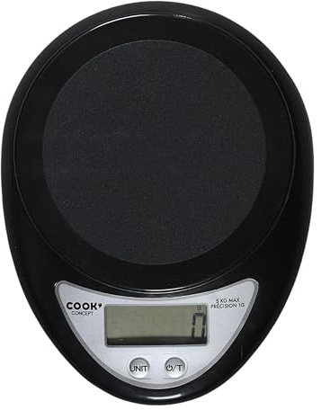 COOK CONCEPT Balance de Cuisine Électronique Écran LCD 5 kg Noir | Balance électronique, fonction tare, écran LCD rétroéclairé, surface verre trempé, capacité 5 kg, précise, noir