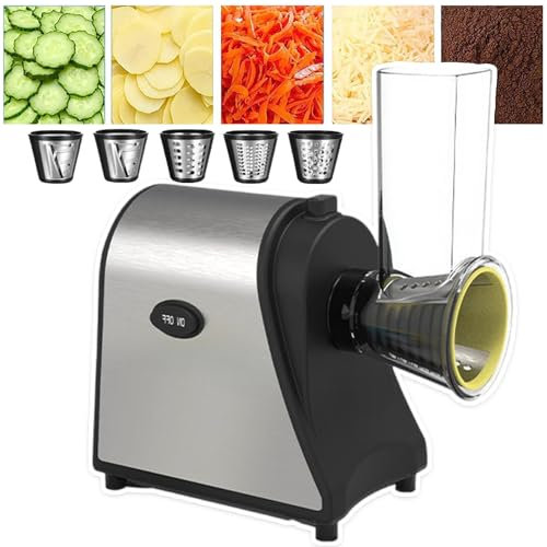 pedenencelia Râpe Fromage Électrique,Coupe-Salade,Trancheuse Légumes Électrique 5 en 1,Facile Installer,Design Détachable,avec 5 Lames,pour Légumes,Carottes,Carottes,Pommes Terre 250 W