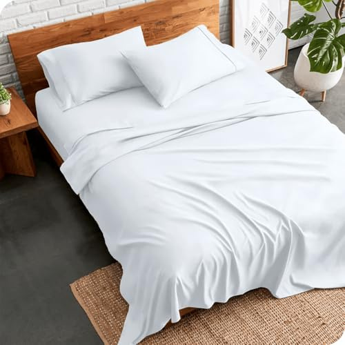Ghazlan 4 Piece Sheet Set - 100% Cotton Ultra Soft Lightweight Bed Sheets Set, 40cm Luxury Easy Care Double Size Bedding Sheets Set – Hotel Quality Sateen Weave White Sheets Set, Wrinkle Free