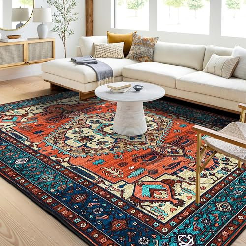 Guchuang Bedding Vintage Rugs Living Room Extra Large 200x280cm Area Rugs Terracotta Boho Rug Non Slip Carpet Traditional Oriental Rugs Short Pile for Dining Room Kitchen