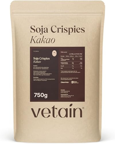 VETAIN Soja Crispies Kakao - 77% Proteingehalt - 750g - vegane Eiweißquelle ohne Zuckerzusatz - ideal als proteinreiche Snackalternative - produziert in Deutschland