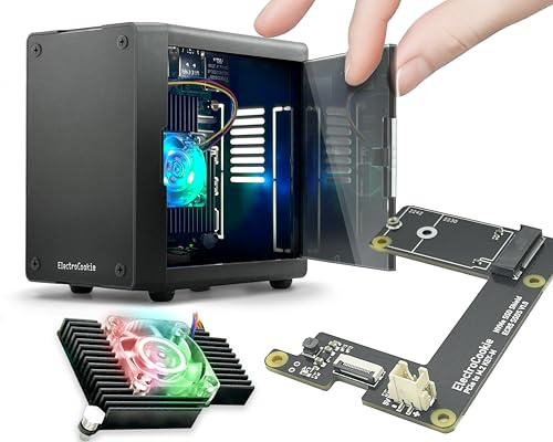 ElectroCookie Mini PC Case for Raspberry Pi 5 with M.2 NVMe SSD PCIe HAT and Active RGB Lighting Cooler (Black Case + M.2 HAT[ECR5 SSDS])