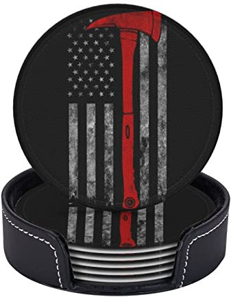 AUGUSTRUSH Round PU Leather Coasters Set of 6, Firefighter Axe Red Line Flag Print coaster with Storage Box, Heat-Resistant Non-Slip Drink Pads for Kitchen Desk Office Dining Table