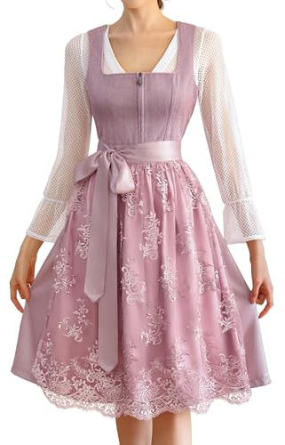 EIISSION Dirndl Traditionell Klänning för Kvinnor Oktoberfest-klänning Outfit Traditionell Germandress Kjol Tredelat Set Rosa 36