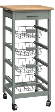 Duffy Mobile Kitchen Wooden 4 Tier Rolling Basket Organiser Cart, Rolling Kitchen Island with 4 Basket Storage, Solid Wood Frame Utility Cart with Wire Fruit Basket and Drawers
