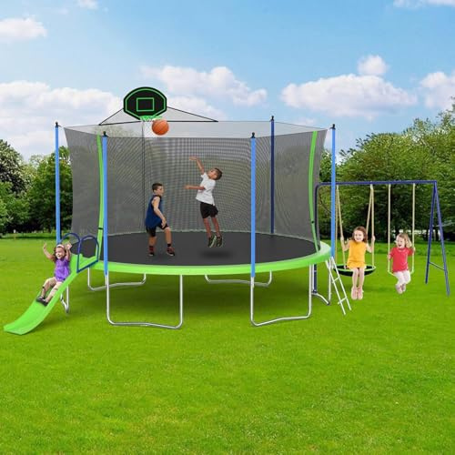 Skepphlay 12 FT Trampoline Set, Large Outdoor Trampolines with Basketball Hoop,Trampoline with Slide and Swing and Enclosure Net, ASTM Approval Recreational Trampolines for Adults and Kids