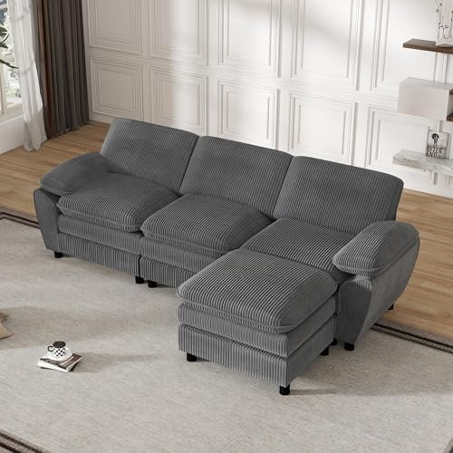 A ALFRESCOOL Ecksofa mit Schlaffunktion - Big Sofa 3 Sitzer für Wohnzimmer, L Form Couch, Modulares Schlafsofa mit abnehmbarem osmanischen Wohnzimmer, Moderne Schlafcouch, 258 x 86 cm, Grau
