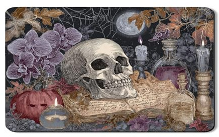 Gothic Dish Drying Mats For Kitchen Counter, Vintage Skull Floral Absorbent Rubber Mat, Halloween PU Leather Drying Pad For Coffee Bar Protector 12x20 Inch