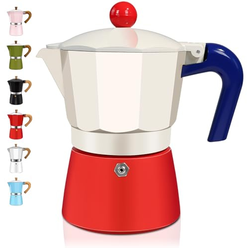 3 Cup Aluminum Espresso Stovetop Moka Pot Express Coffee Maker Percolator Italian Classic Mocha Coffee Machine for Italian and Cuban Cafe Brewing for Home & Camping 150ml 5oz (Red/White, 3 Cup)