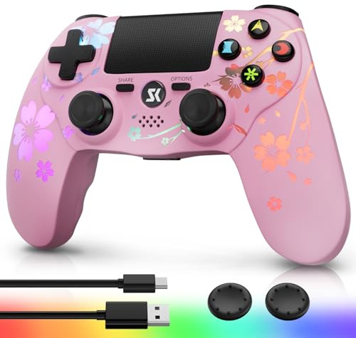 Kujian Wireless Controller for PS4 with RGB LED Modes, Gaming Remote for PS4 with1000mAh Battery/Dual Shock/6-Axis Gyro/3.5mm Audio Jack/Speaker, Gaming Controller for Playstation 4/PS3 (Pink)