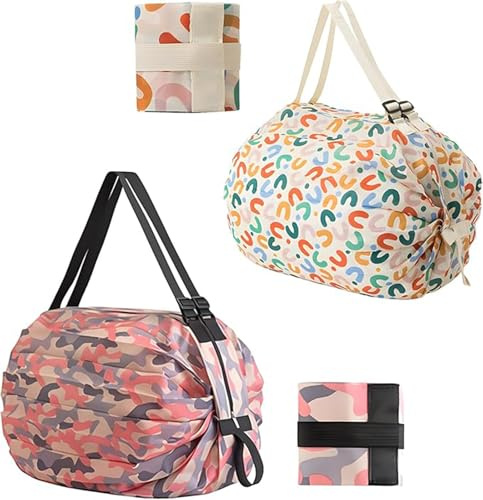 ZenyTra 2er Set Faltbare Einkaufstaschen mit Reißverschluss - Wiederverwendbare Shopper & Badetasche für Damen, Großes Fassungsvermögen für Einkaufen, Reisen & Camping