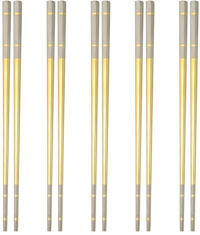 sourcing map 5 Pairs Stainless Steel Chopsticks, 21cm / 8.27 Inch Metal Chop Sticks Square Lightweight Chopsticks Tableware Accessories Bulk for Home Kitchen Hot Pot Cooking, Gold Tone