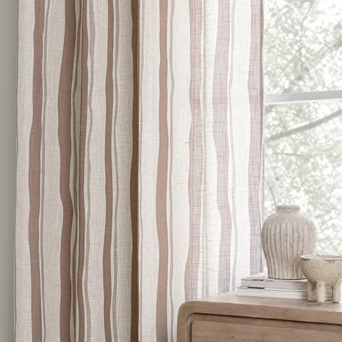 Helllila Vorhänge Ösen Gardinen Halbtransparent Leinen Wellen mit Streifen-H245 x B140 cm für Vorhang Wohnzimmer Schlafzimmer Kinderzimmer Gardine Modern Ösenschal Leinenoptik Linen Curtains 2er set