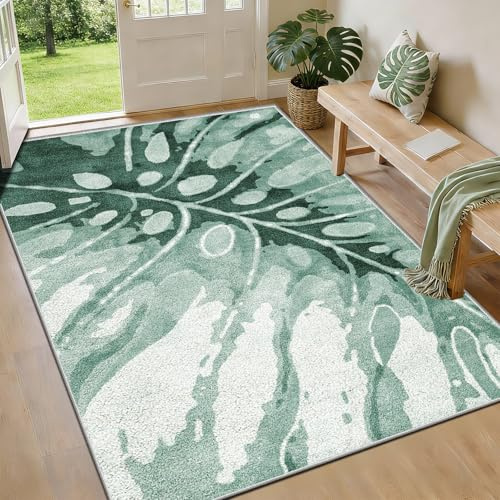 FTCJWL Machine Washable Rug, Large Abstract Monstera Leaf Area Rug for Living Room, Modern Sage Green Tropical Short-Pile Carpet, Non-Slip Indoor Botanical Rug for Bedroom (120x170cm)