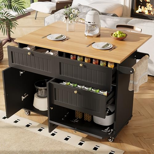Bladez Isola da cucina moderna, armadio da cucina e buffet con venature del legno, tavolo da pranzo multifunzione con vano portaoggetti, carrello da portata con piano estraibile e funzione di
