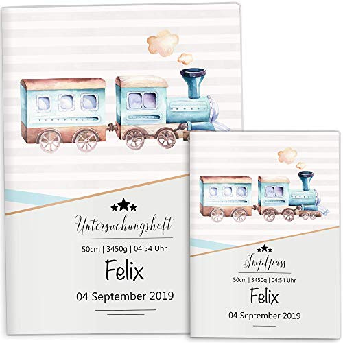 OLGS U-Heft und Impfpasshüllen Set | Transport Eisenbahn | Untersuchungsheft Hülle & Impfpasshülle Geschenkidee personalisierbar mit Namen (Uhefthülle, Impfpasshülle personalisiert, Lokomotive)
