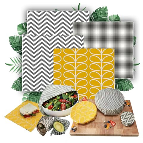 Ecoshack Beeswax Reusable Wrap Paper - 4 Pack Eco Friendly Food Wrapping Sheets - Sustainable Lunch Box Cover and Food Storage - Free E-Book- Small Medium and Large Size - Yellow Grey Colour