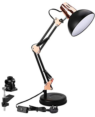 powerking LED-Schreibtischlampe mit Schwenkarm, verstellbare Architekten-Arbeitslampe, klassische Schreibtischlampe mit Klemmen, Schreibtischlampen für Zuhause, Wohnheim, Büro, zum Lesen, gold/schwarz