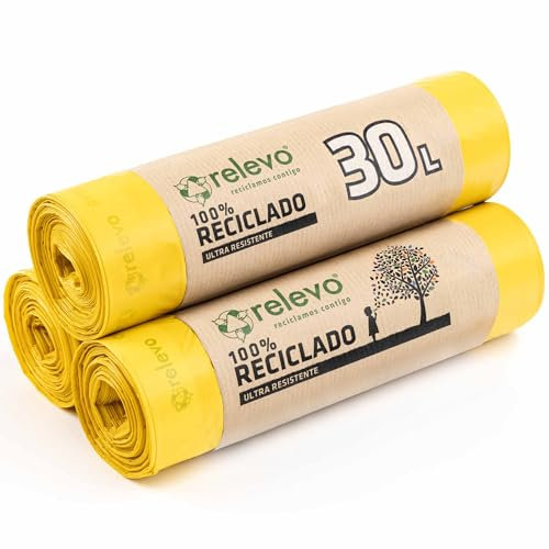 Relevo 30 Litre Bin Bags – Made from 100% Recycled Material. Yellow Bin Bags 30L – 55 cm x 60 cm. Includes 45 units of Pedal Bin Liners with Drawstrings.