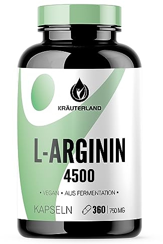 Kräuterland L-Arginin HCL Kapseln 360 Stück hochdosiert ohne Zusatzstoffen | wasserlösliche Salzform der semi-essenzielle Aminosäure, geschmacksneutrale Einnahme statt bitter-schmeckendes Arginin-Pulver