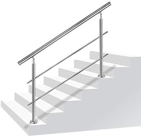 Aufun Ringhiera per scale Ringhiera per corrimano in acciaio inossidabile per scale, interno ed esterno, balcone, parapetto, argento, lunghezza: 150 cm, con 2 traverse
